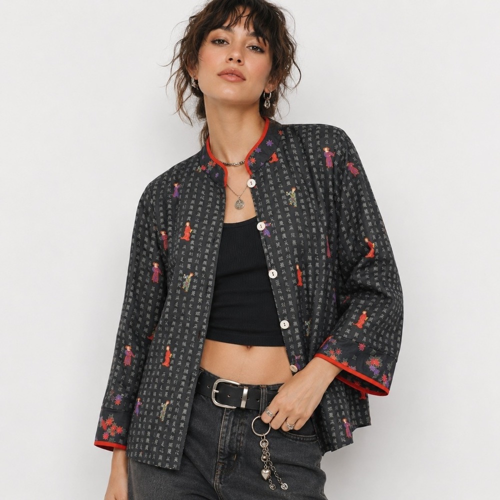 Vintage 90s Grunge Silk Asian Jacket Womens M 1 Black Geometric Relaxed Casual